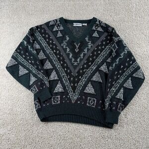 Vintage Urban Works Sweater Mens XL Green Geometric Leather Trim V Neck Knit